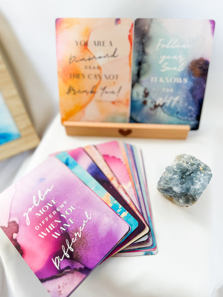 Affirmation Card Deck & Celestite Crystal Cluster Set