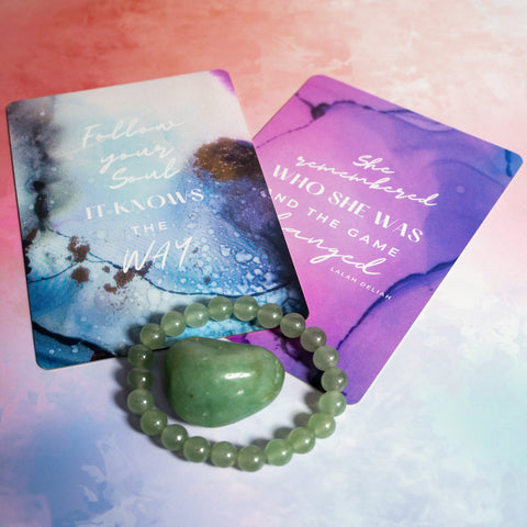 Green Aventurine Bracelet, tumble stone & Affirmation Cards - Confidence, Courage, Strength