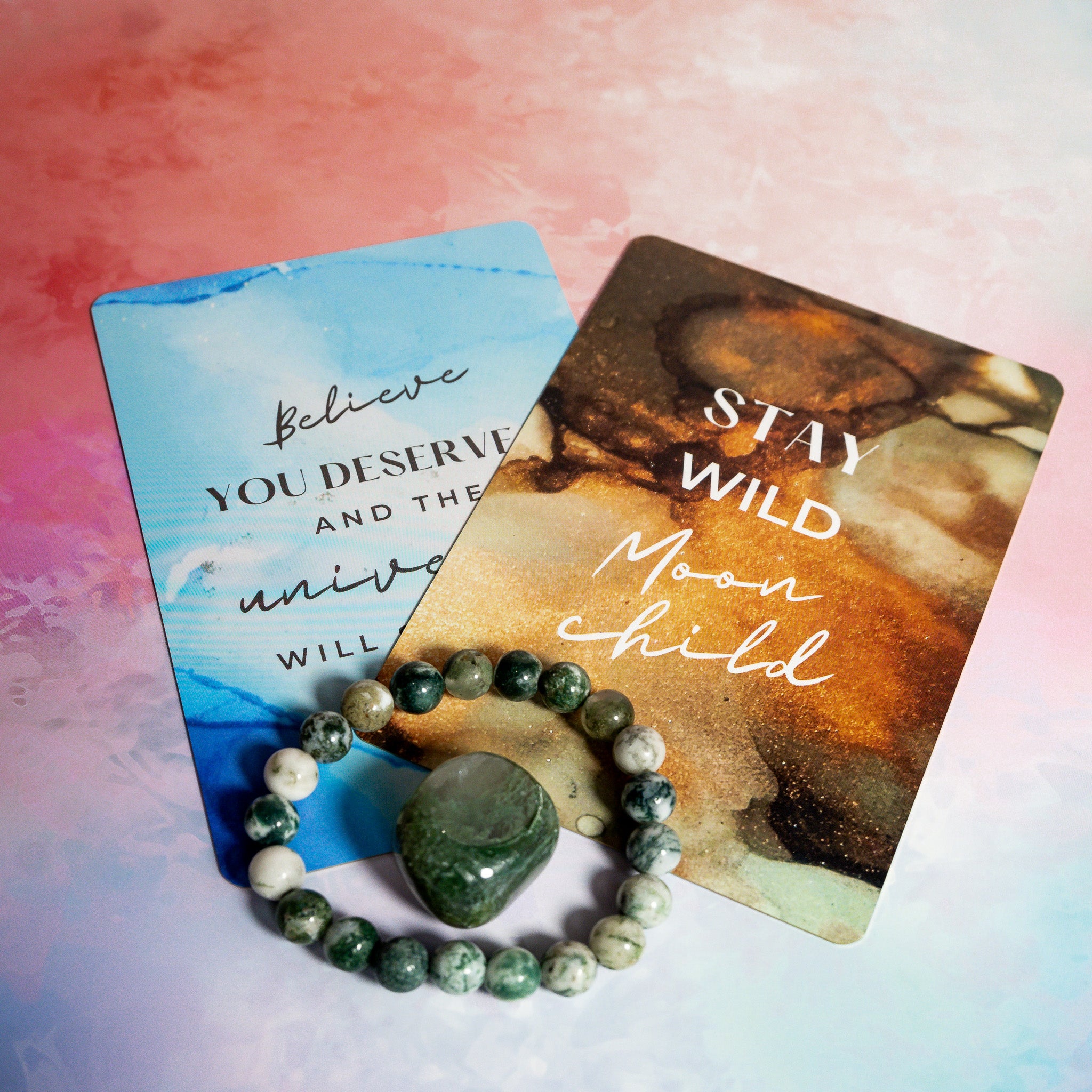 Moss Agate Bracelet, tumble stone & Affirmation Cards - Creativity, Success, Prosperity