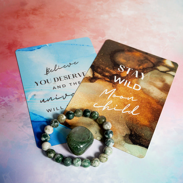 Moss Agate Bracelet, tumble stone & Affirmation Cards - Creativity, Success, Prosperity