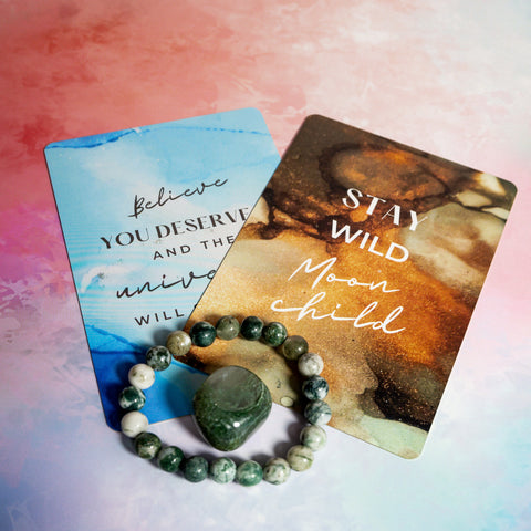 Moss Agate Bracelet, tumble stone & Affirmation Cards - Creativity, Success, Prosperity