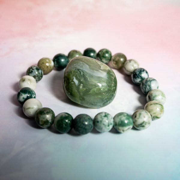 Moss Agate Bracelet, tumble stone & Affirmation Cards - Creativity, Success, Prosperity