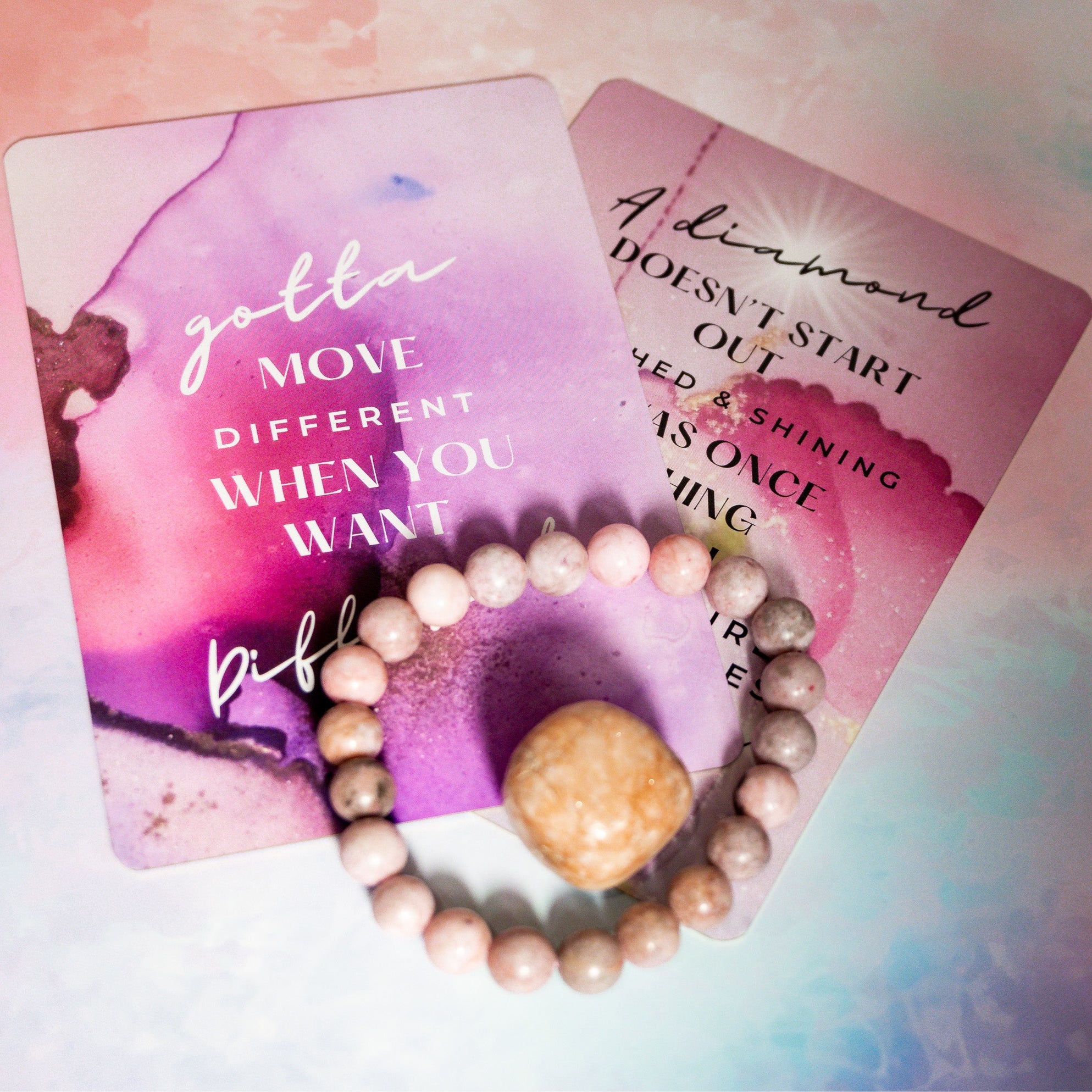 Pink Zebra Jasper Crystal Bracelet & Tumble Stone & Affirmation Cards Set - Calm, Joy, Contentment, Balances Yin & Yang
