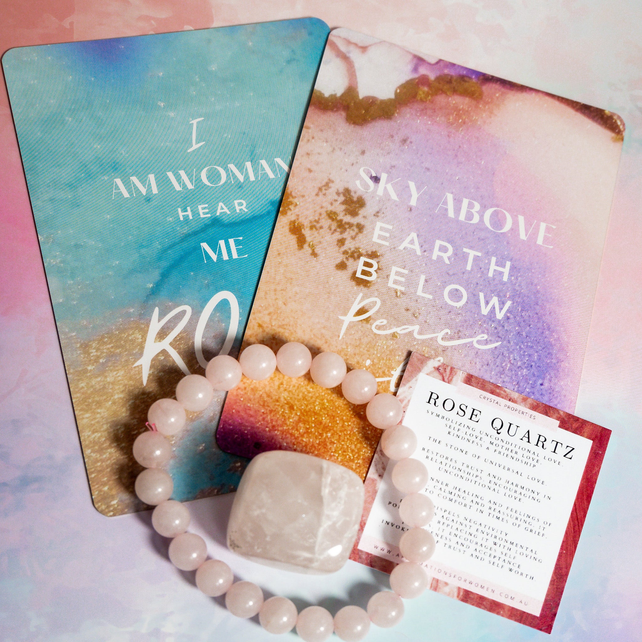 Rose Quartz Crystal Bracelet, Tumble Stone & Affirmation Card Set - Unconditional Love, Self Worth, Peace. Kindness