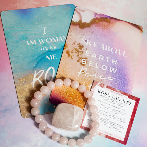 Rose Quartz Crystal Bracelet, Tumble Stone & Affirmation Card Set - Unconditional Love, Self Worth, Peace. Kindness