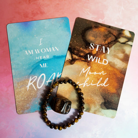 Tigers Eye Gemstone Crystal Bracelet, Tumble Stone & Affirmation Card Set - Fearlessness & Inner power