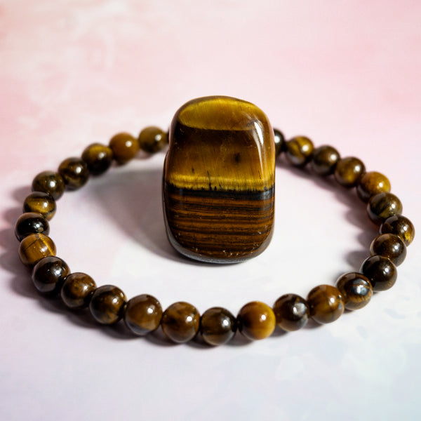 Tigers Eye Gemstone Crystal Bracelet, Tumble Stone & Affirmation Card Set - Fearlessness & Inner power