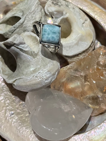 Diamond style Carribean Larimar Sterling Silver Ring 925 - Calming Oasis Vibes, Peace & Clarity