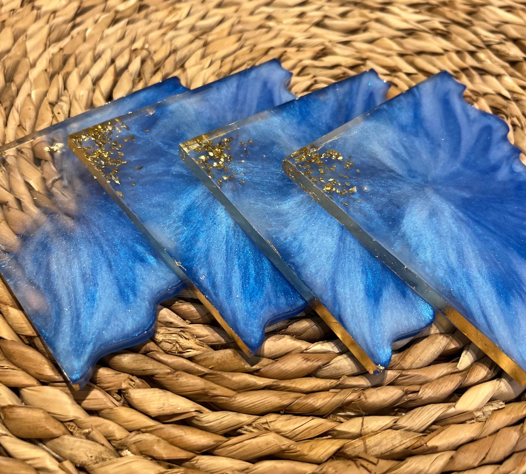 Set of 4 coasters “Atlantis” Blue  & Gold Trim